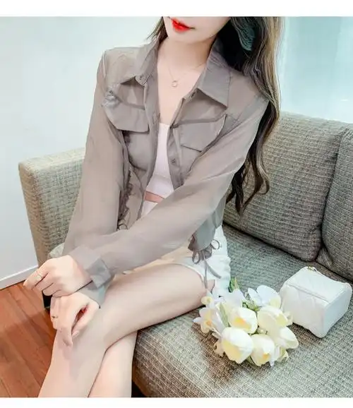 设计感抽绳防晒衣女开衫外套2023年夏季薄款小清新新款百搭衬衫 - 17