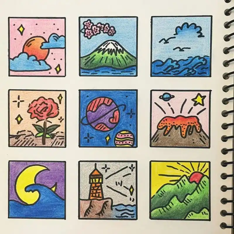 临摹简笔画|彩色风景篇 93 月 遇 从 云 7815 93 花 遇 和 风