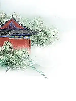 绿色手绘古风中国风水墨风建筑亭子树枝树叶元素png素材