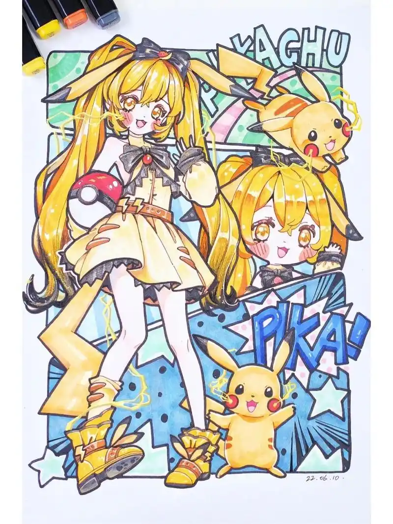 马克笔练习 皮卡丘拟人 给动漫班小朋友画的宝可梦拟人范画 	 也是