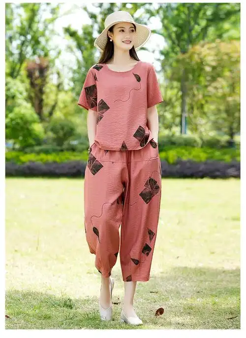 素订棉麻女装官方夏款套装素素杭州中年妈妈棉麻两件套夏装洋气短袖