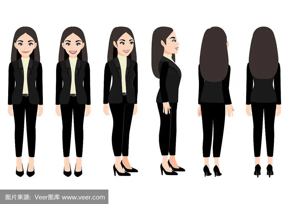 卡通人物与商业妇女在动画的西装.正面,侧面,背面,3-4视图字符.