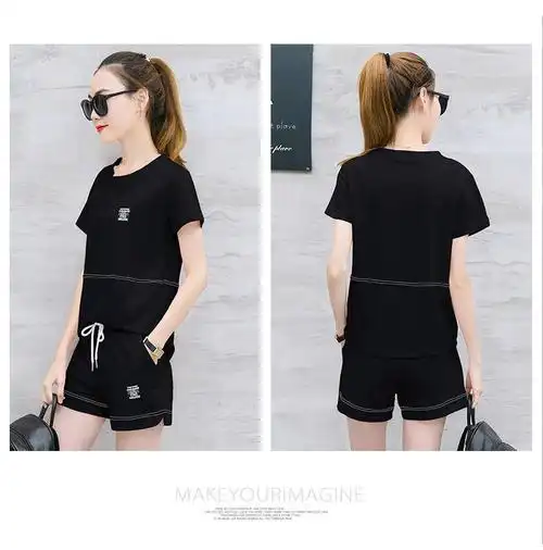 夏季时尚宽松短袖t恤 短裤休闲运动服套装女装夏天韩版两件套装女