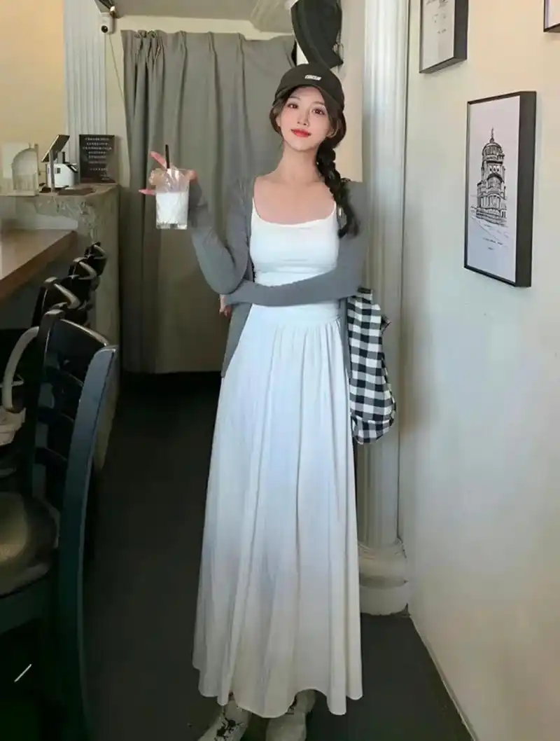 刘亦菲白月光仙女裙三件套,白色气质搭配,吊带开衫裙,