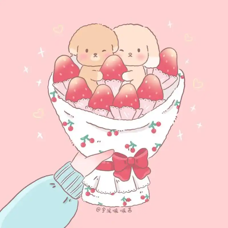原创可爱草莓花束小动物情侣头像
