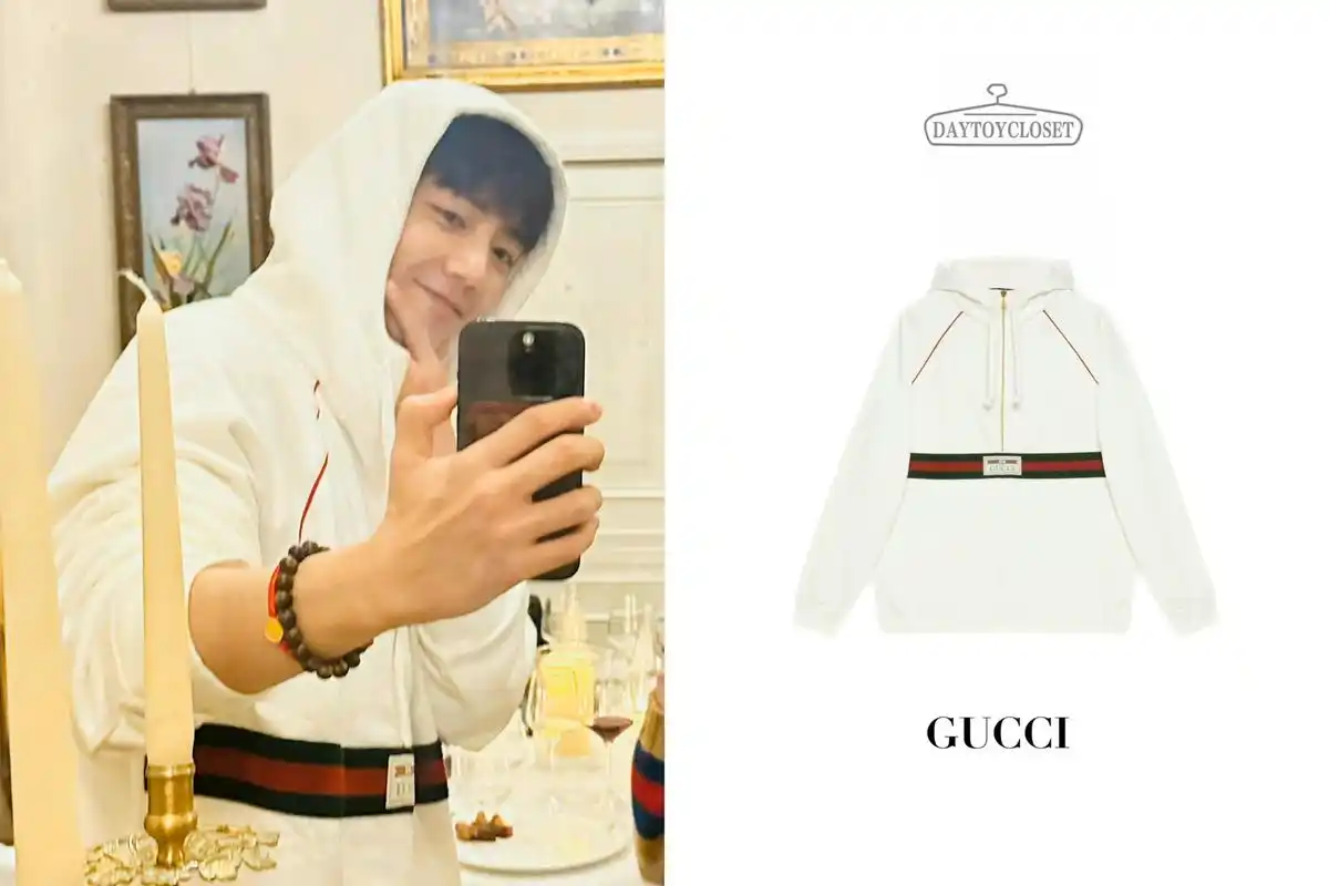 肖战最新动态05 同款gucci卫衣 肖战| 卫衣: 饰织带和gucci标签卫衣