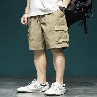 短裤男宽松美式复古纯棉男士五分休闲裤大码中裤深卡其色s体重90至105