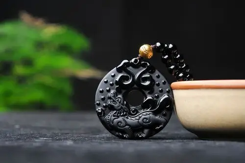 黑曜石批发天然黑曜石貔貅吊坠怀古平安扣挂件招财转运貔貅项链