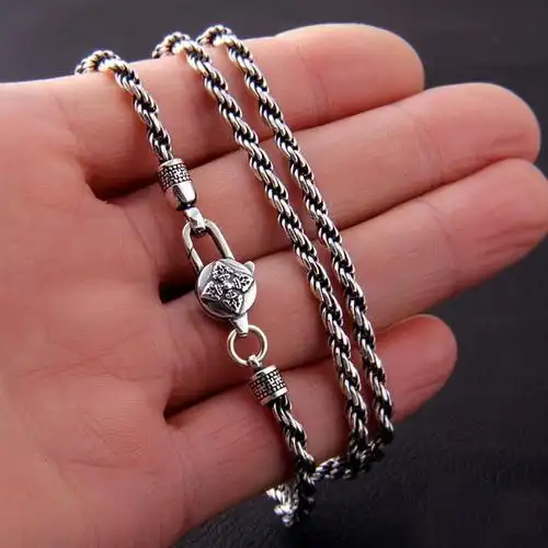 s925男生士项链 复古六字真言银链金刚杵泰银麻花链街头嘻哈银链