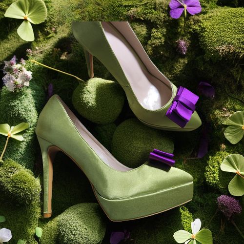 12cm果绿色真丝布绸缎面高跟鞋防水台尖头拼色撞色蝴蝶结细跟走秀