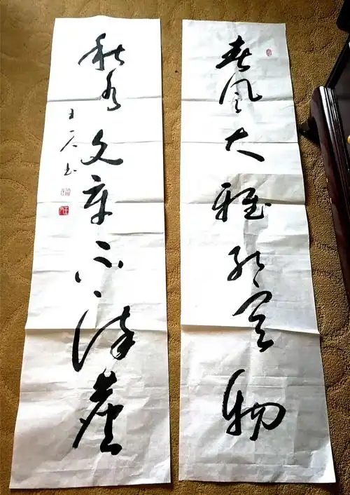 王一人 书法:  四尺对开草书对联《春风大雅能容物,乱水文章不染尘》