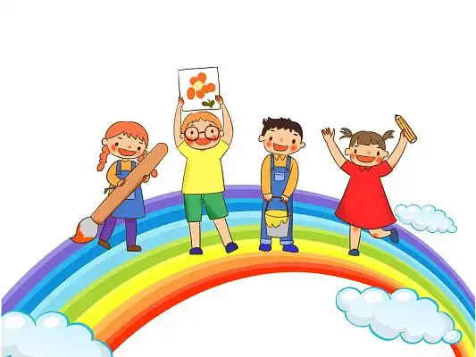 彩虹卡通扁平儿童欢快卡通人物png素材卡通手绘春天春季女子背景素材