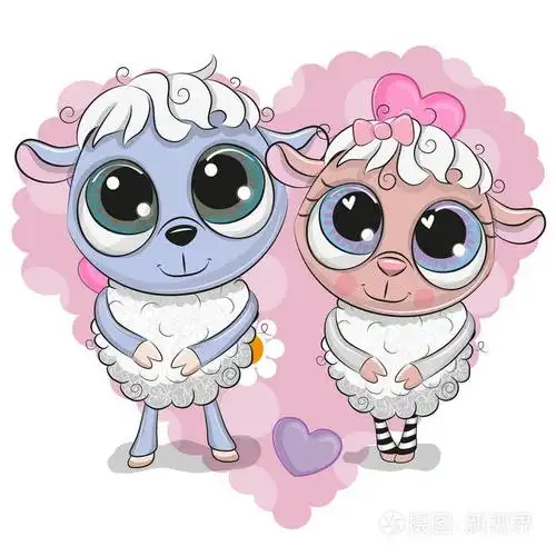 两只可爱的绵羊在心脏的背景