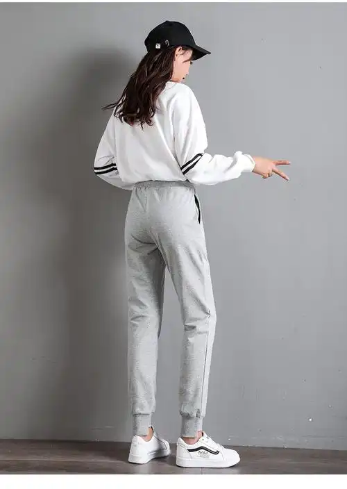 春秋新款运动裤女长裤韩版宽松纯棉休闲裤缩脚哈伦裤高腰纯色卫裤