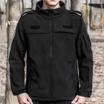 盾郎黑色冲锋衣执勤服保安摇粒绒保暖风衣战术警黑外套男 黑色(带肩章