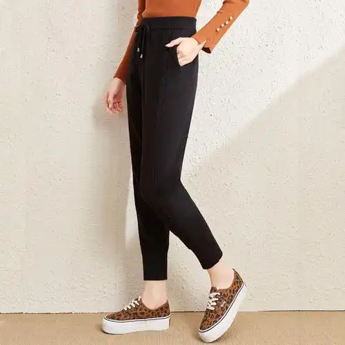 ounixue欧昵雪松紧高腰针织哈伦裤秋冬季时尚百搭运动裤九分休闲裤女