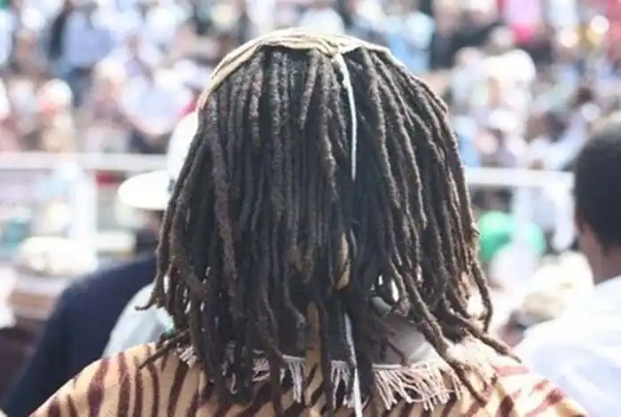 图为,非洲男子的拖把头,这样的发型,就算他想去洗,也要花上几个斜时