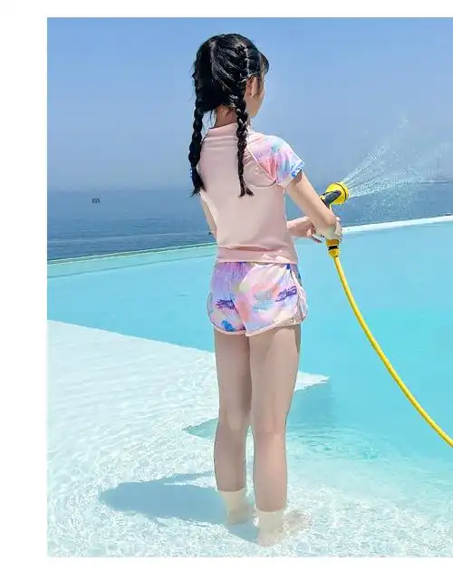 优优1点女童泳衣中大童女孩夏装洋气儿童分体泳装两件套短袖短裤套装