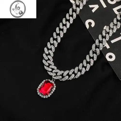 jimi美式镶钻红宝石古巴链项链男潮嘻哈欧美男士潮满钻水钻说唱链子粗