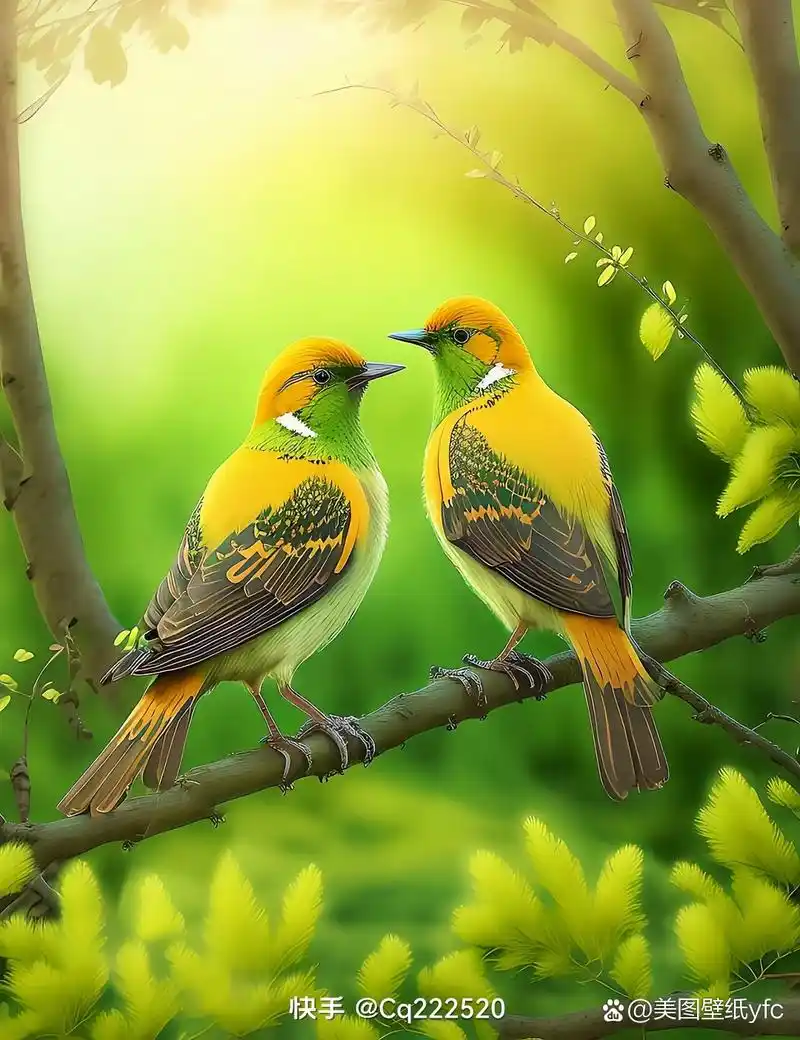 "两只鸟儿在树枝上,一只是明亮的绿色,另一只是鲜艳的橙色.
