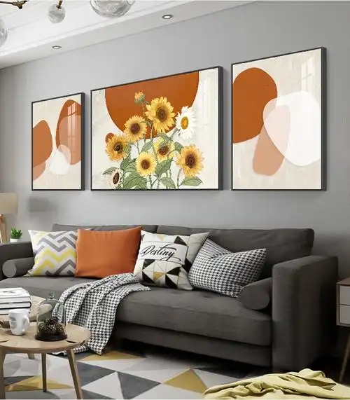 轻奢高端现代简约北欧 客厅装饰画沙发背景墙抽象墙画向日葵壁画墙面
