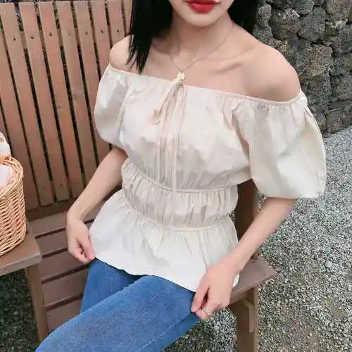 一字肩上衣女夏露肩纯色2020新款实拍性感甜美超仙夏季韩版