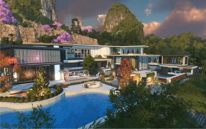 【逆水寒手游】庄园现代别墅～定制的超大别墅～细节很多超大泳池还有