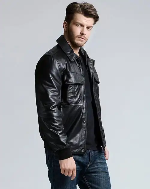 男士衬衫领多口袋透气飞行绵羊皮夹克