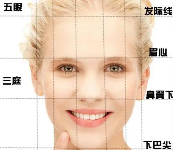 美术中的"三庭五眼",三庭 指脸的长度比例 把脸的长度分为三个等分,从