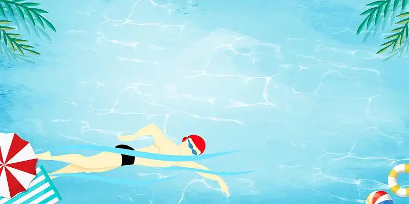 蓝色简约植物太阳伞游泳圈游泳人物暑假培训班展板背景