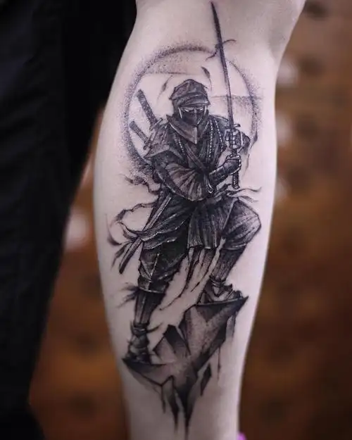 小腿黑灰newschool日本武士纹身图案