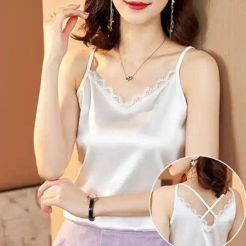 蕾丝美背吊带背心女内搭冰丝夏季薄款外穿打底衫真丝醋酸白色上衣香槟