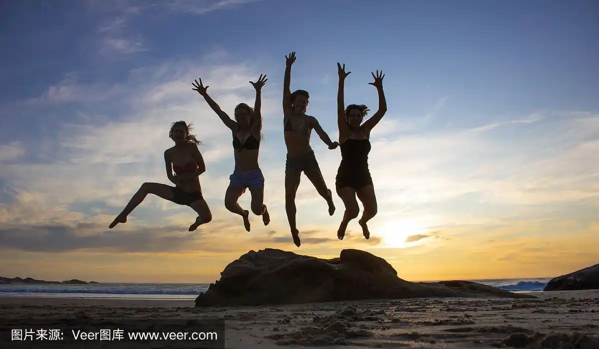 女人,海滩,摇滚手势,自然美,四个人