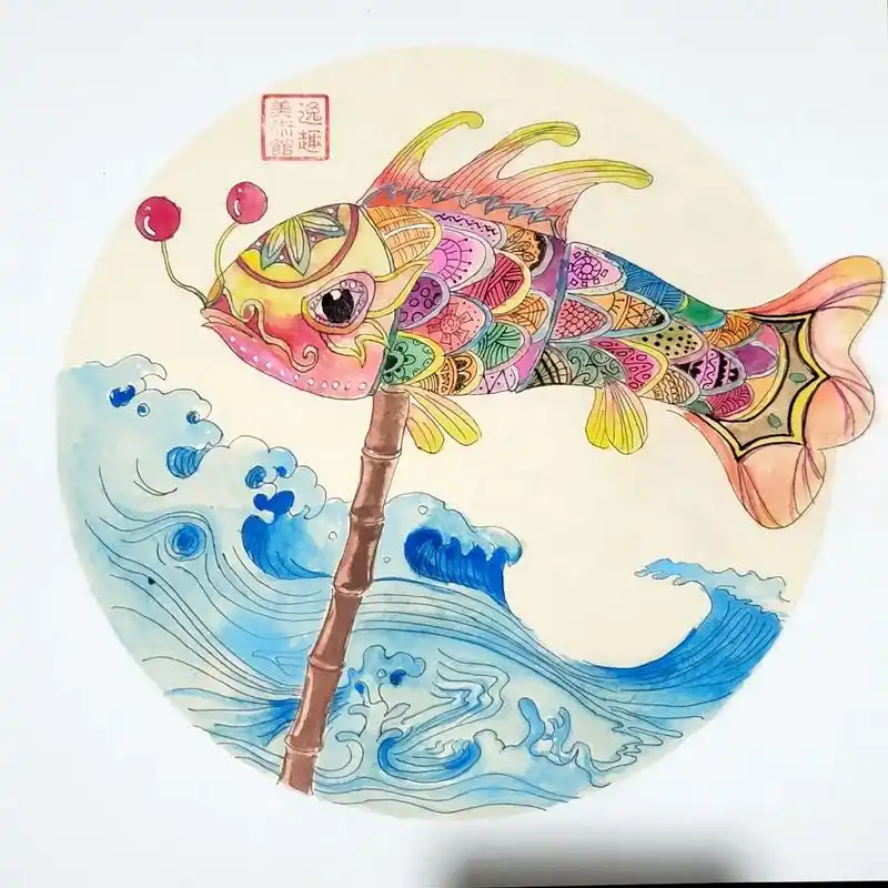 鱼灯水彩画,适合7_12岁小朋友难度可调整.#鱼灯 - 抖音