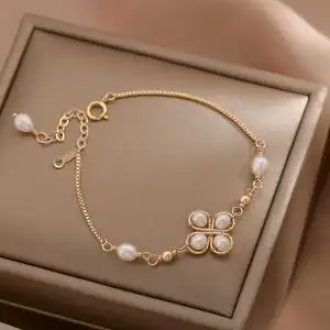 何先生原创设计 幸运四叶草美国14k包金天然淡水真珍珠手链女百搭