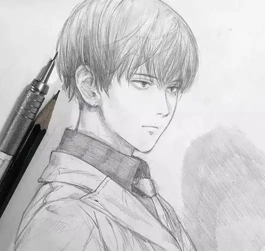 铅笔画 线稿黑白 动漫男