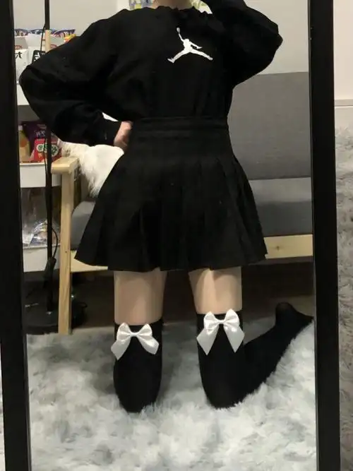 日系蝴蝶结过膝袜袜子jk天鹅绒性感高筒袜子长筒袜黑白中厚学院风
