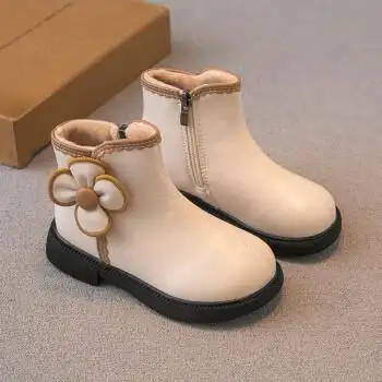 gduckkids小黄鸭女童靴子冬季新款儿童马丁靴女孩公主鞋二棉加绒米色