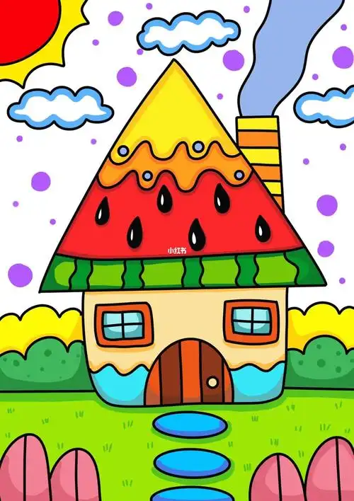 西瓜房子儿童创意画房屋适合56岁带线稿