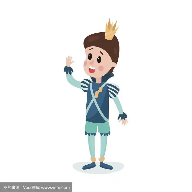可爱的卡通男孩角色在王子服装与皇冠彩色矢量插图