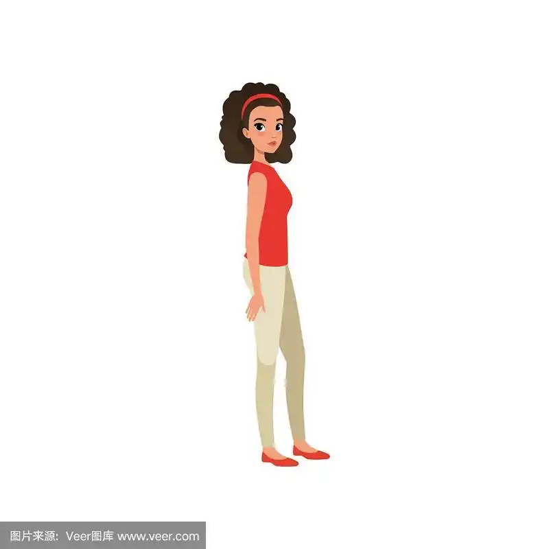 美丽的卷发女人侧身站着.彩色平面矢量插图