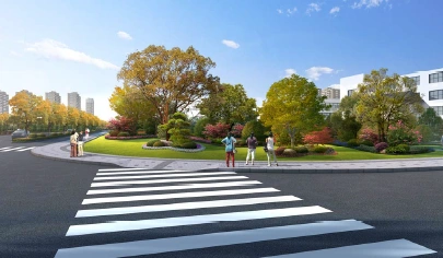 交叉口节点与隔离带端头设计相融合,烘托整个交叉口的大气精致