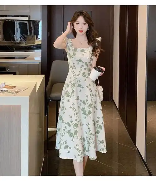 好质量冰丝新款夏装吊带裙子胖妹妹遮肚显瘦高级感碎花连衣裙 - 17网