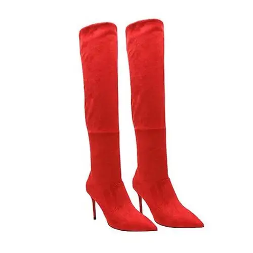 秋冬尖头长靴女过膝细跟10cm瘦瘦靴性感大码高筒靴红色高跟弹力靴