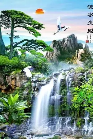 流水生财唯美寓意现实山水背景墙图片8504x6803dpi72psd模版下载