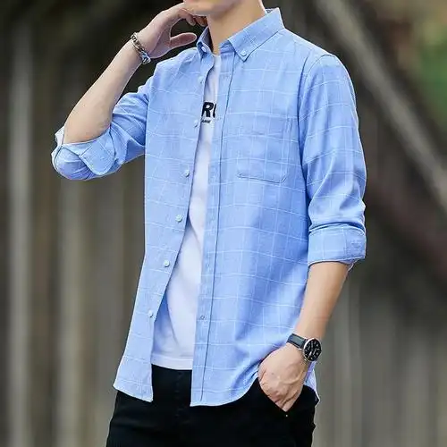 新款格子牛津布男士秋季长袖衬衫修身韩版学生休闲男装中青年衬衣