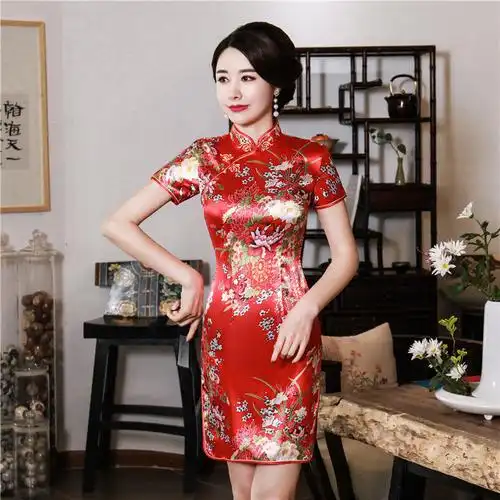 女】旗袍春新款短款改良复古修身日常走秀中长款旗袍连衣裙 玫红色