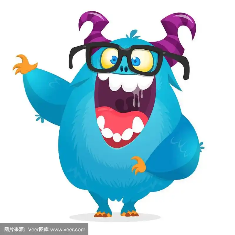 快乐可爱的卡通怪兽戴着眼镜.万圣节矢量蓝色和角怪物挥舞.