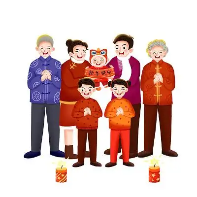 手绘新年习俗春节习俗元素拍全家福png素材新年春节牛年习俗元素