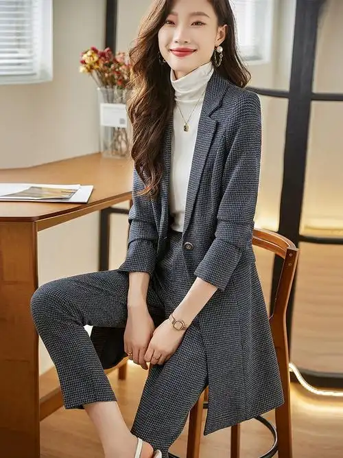 红色格子西装外套女秋冬新款高级感女士风衣小个子中长款西服套装